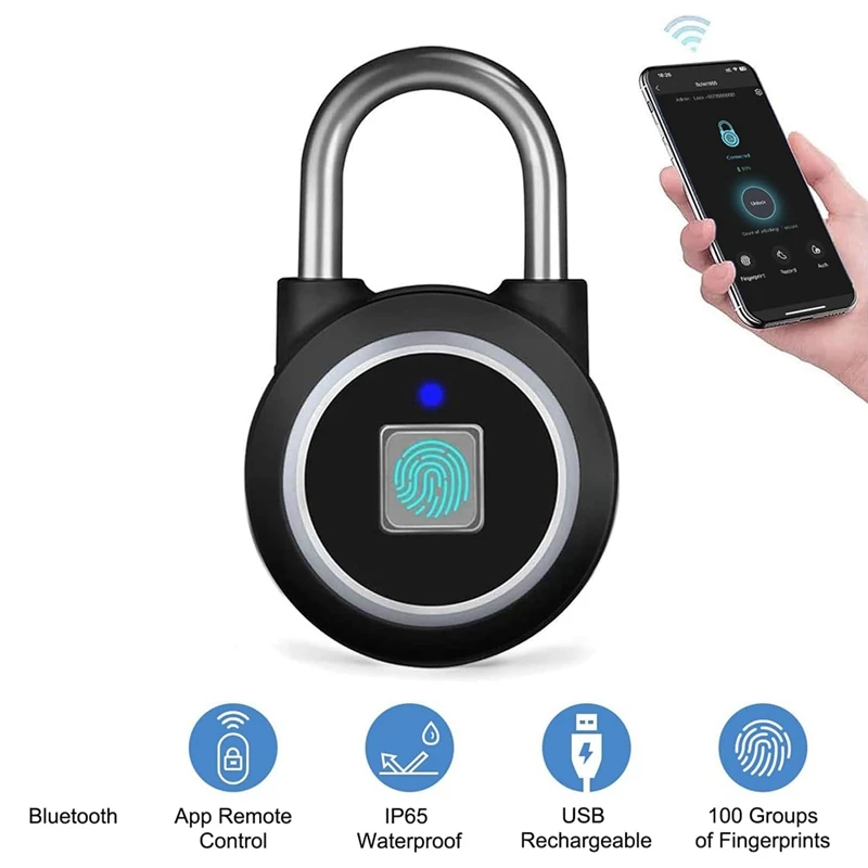 Fingerprint Padlock, Bluetooth Lock, Mobile APP, Smart Padlock With Keyless Biometric, Water Resistant(Black)