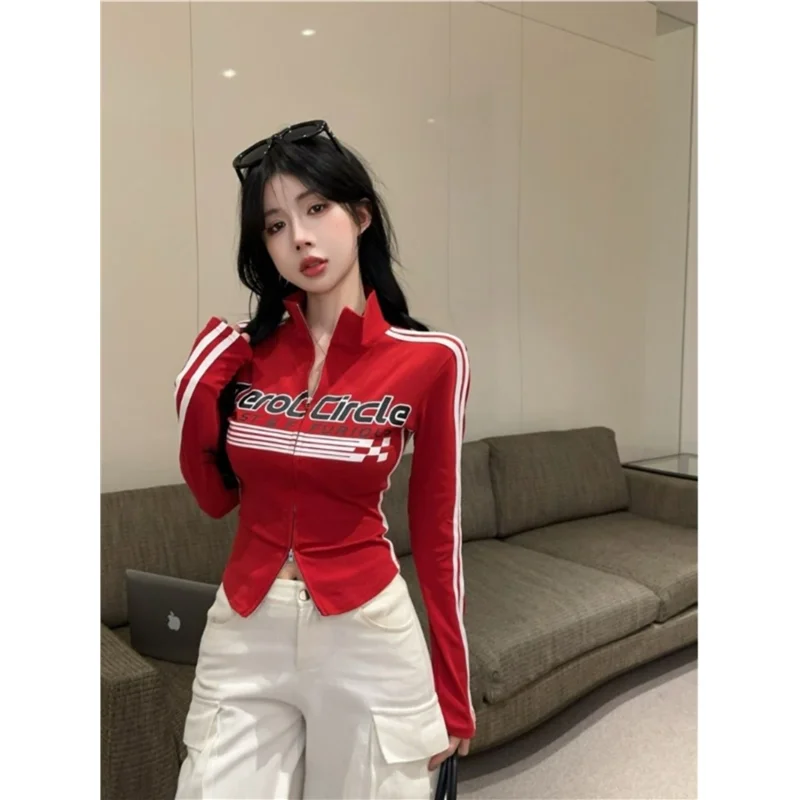 Camiseta de Manga Larga con Rayas y Letras Estilo Americano, Cuello Alto, Ropa de Yoga, Ajuste Delgado, Prenda Interior para ...