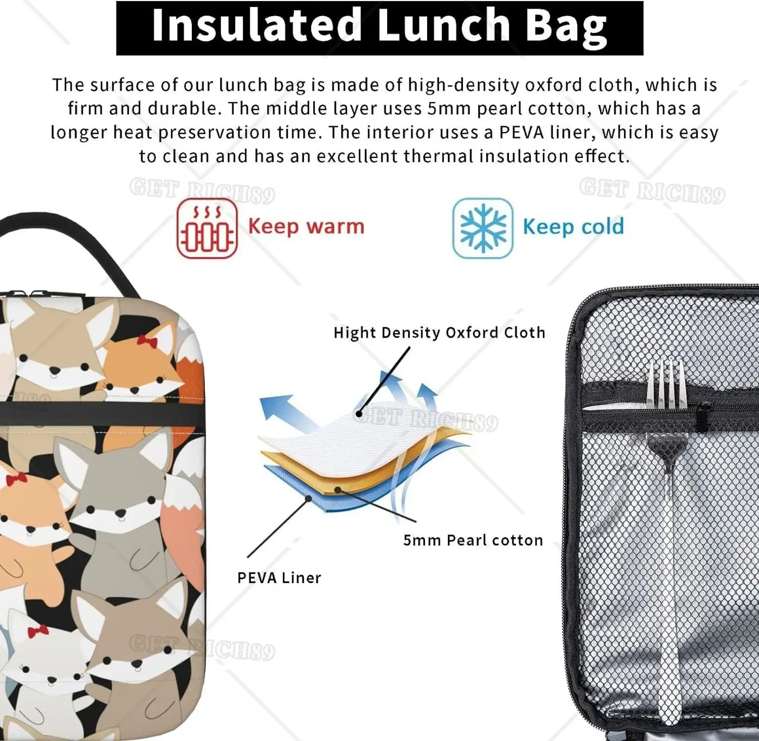 Cute Fox Wolf Insulated Lunch Bags for Men Women Reusable Portable Thermal Lunch Box with Pocket Tote Bag Cooler Picnic Work