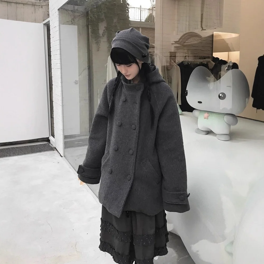 

Hugyourskin H25 Autumn Winter Double Breasted Woolen Coat Women's Korean Sle Loose Fit Long Sve Thiened Woolen Coat