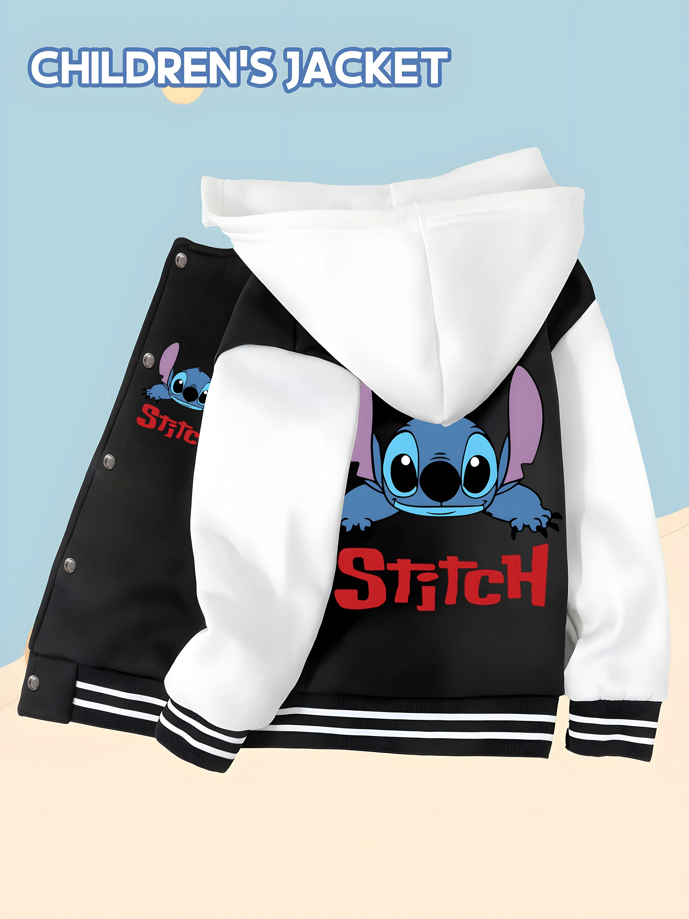 

MINISO Disney Stitch Boys Baseball Jacket - Double-sided print cute style,soft fabric,the first choice for children's daily wear