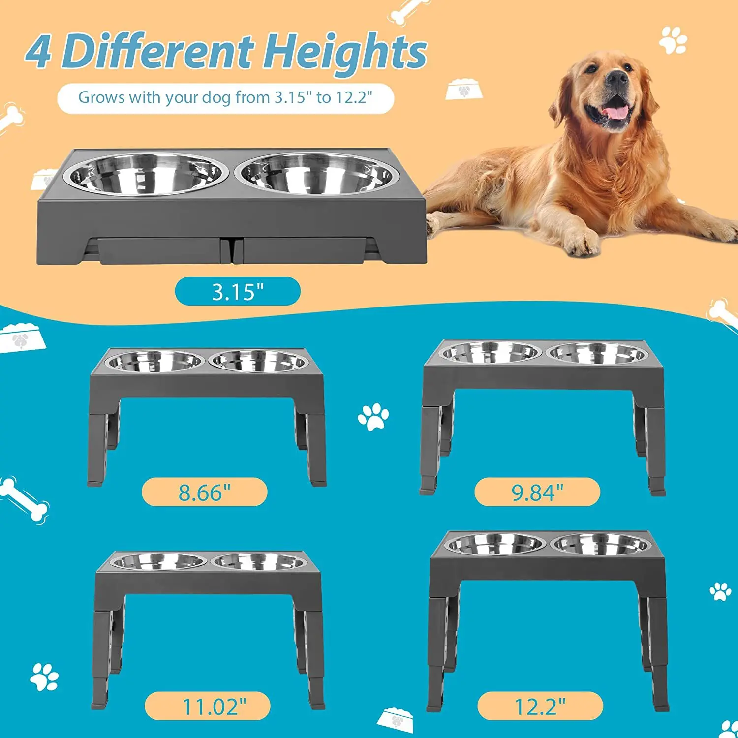 

Lifting Large Capacity Double Bowl 5-Gear Adjustable Height Dog Food Basin Suitable for Pets of All Sizes