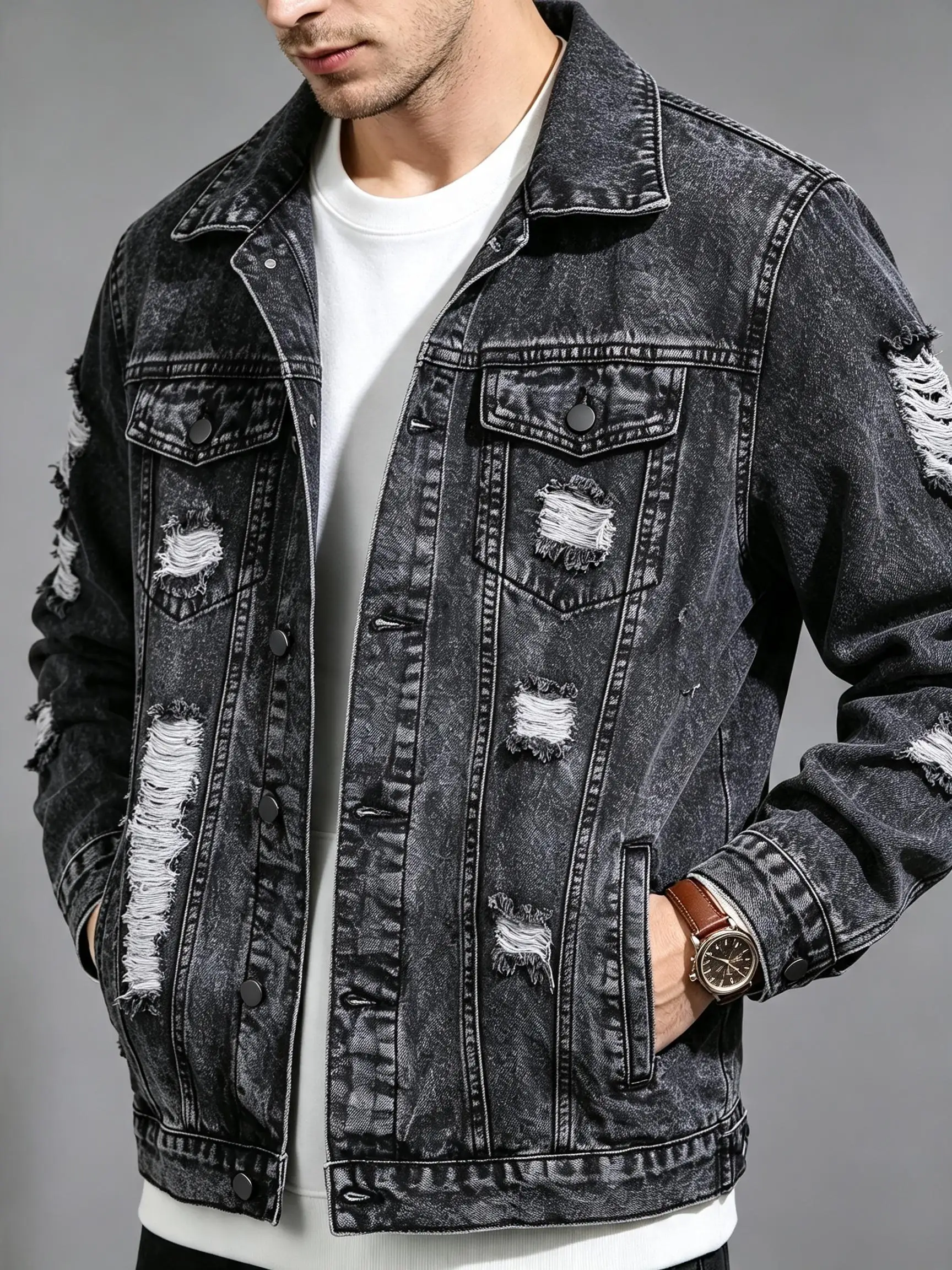 Classic Y2K Washed Denim Jacket Men, American Street Fashion Daily Outerwear, Gift Choice For Husband