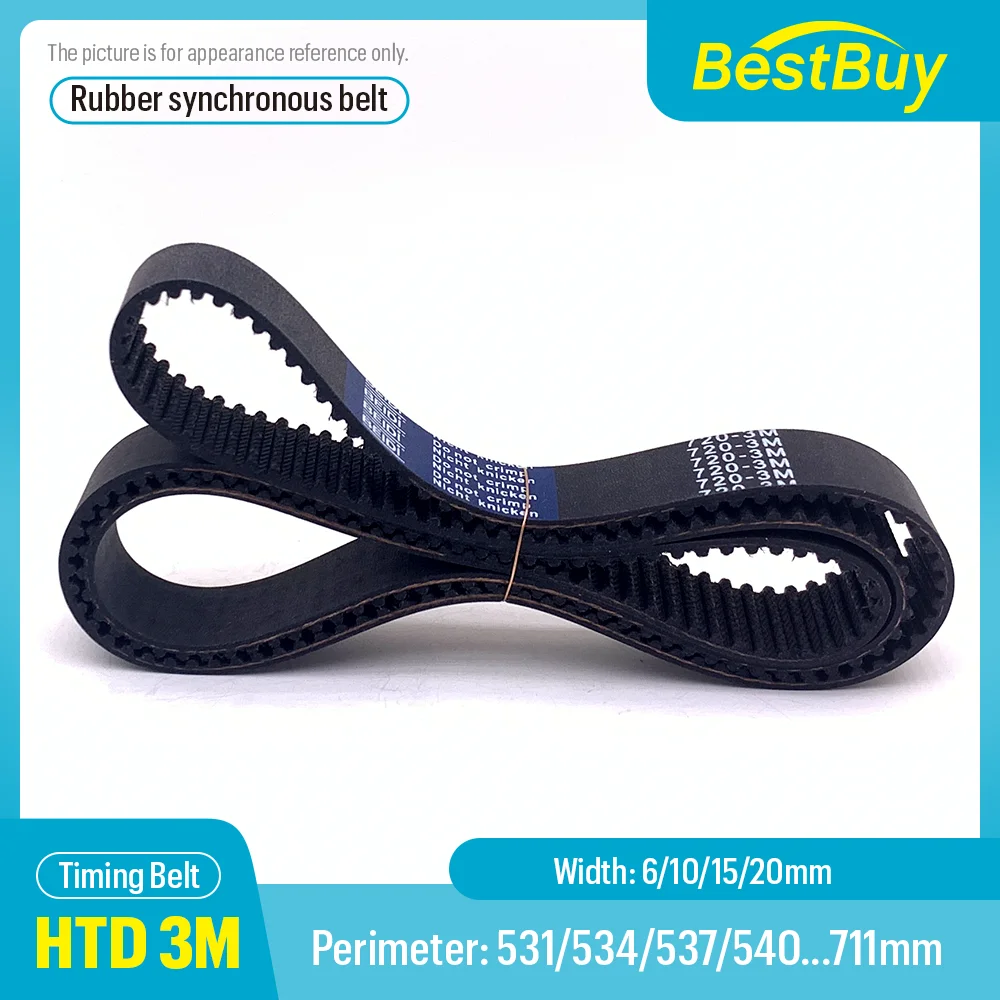 HTD 3M High-Quality Rubber Closed Loop Timing Belt Width 6/10/15/20mm Perimeter 531-711mm For 3M Synchronous Wheels