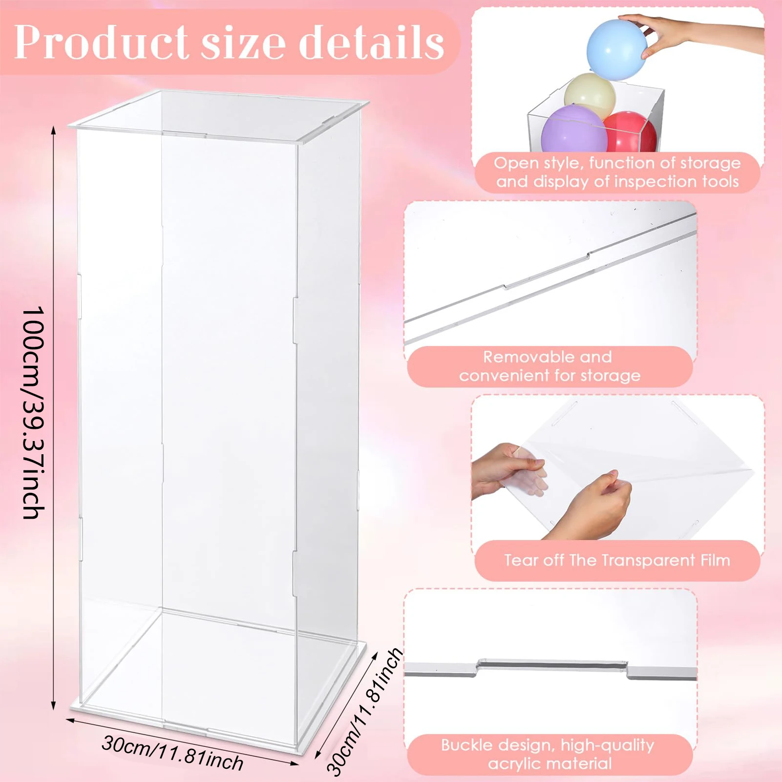 Acrylic Display Riser Box 2pcs Cube Tall Pedestal 11X11X39Inch Flower Tower Decor Cube Pedestal Art Sculpture Stand for Wedding