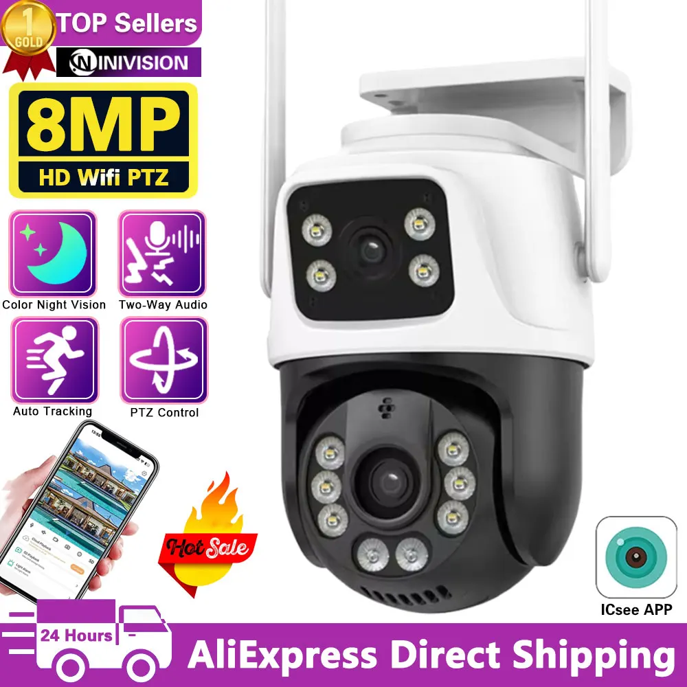 Icsee Dual Lens 8MP WiFi Security Camera Outdoor Smart Home PTZ Color Night Vision Wireless CCTV Video Surveillance Camera 4k