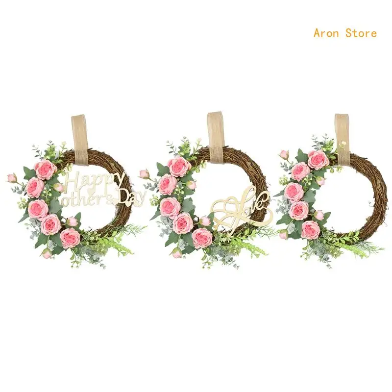 

Happy Mother's Day Wreath Front Door Decor Wall Rattan Flower Ornaments Gift Party Supplies H3CF