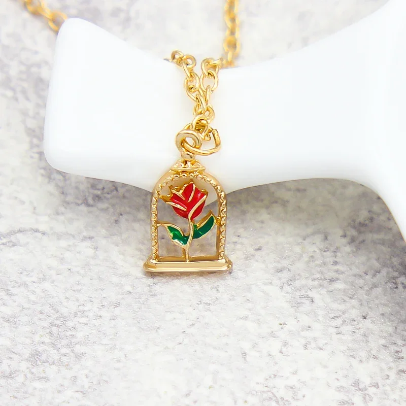 Gold color Bell rose Pendant Necklace Romantic woman flower long chain Beauty and beast necklaces Urn necklace Pet memorial Urn