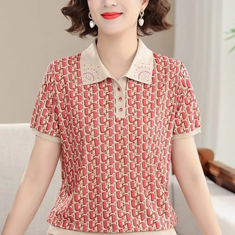 Vintage Broken Flowers Printed Shirt Summer Short Sleeve Fashion Diamonds Commute Female Clothing Lapel Casual Spliced Blouse