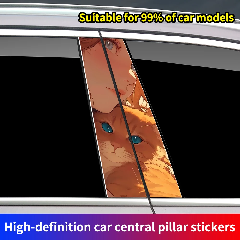 Anime Girl and Cat Car Stickers Auto B Pillar Waterproof Center Column Decor Cover Scratch DIY Car Doors Pillar Decals Accessory