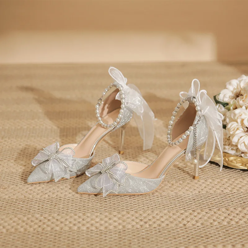 Woman Fairy Style Wedding Shoes Spring Elegant Silver Sequin Pointed Toe Party Pumps Bow Bride Thick Heel Single Shoes