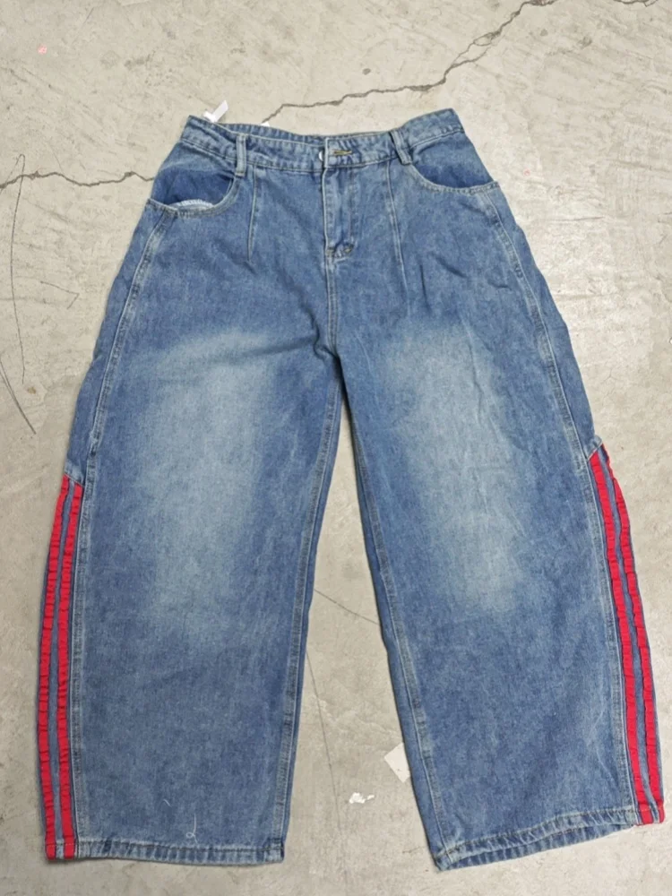 Trashy Y2K 2000S الأحمر مخطط المرقعة غسلها الأزرق فضفاض الجينز السراويل للرجال الملابس واسعة الساق الكورية سيدة عادية سراويل جينز #3