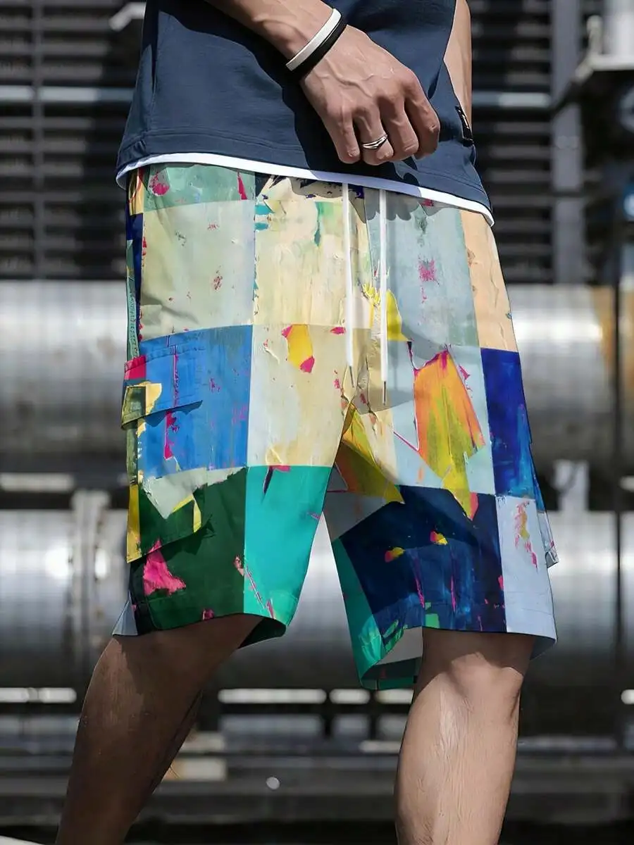 

Mens Digital Print Loose Shorts With Multiple Pockets Casual Straight Leg Work Style