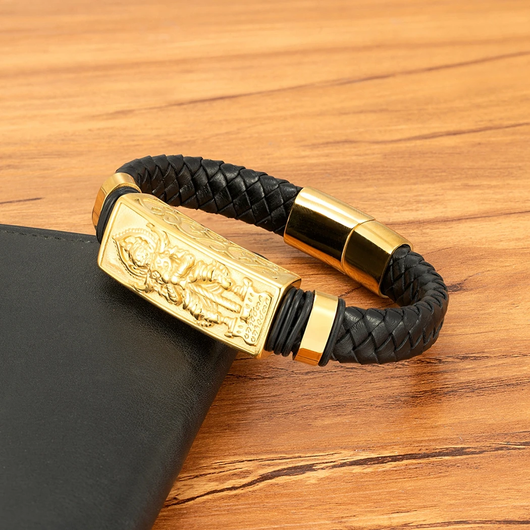 XQNI Ancient Pattern Battle Buddha Bracelets Classic Stainless Steel Magnetic Buckle Rope Weaving Jewelry Birthday Gifts For Men