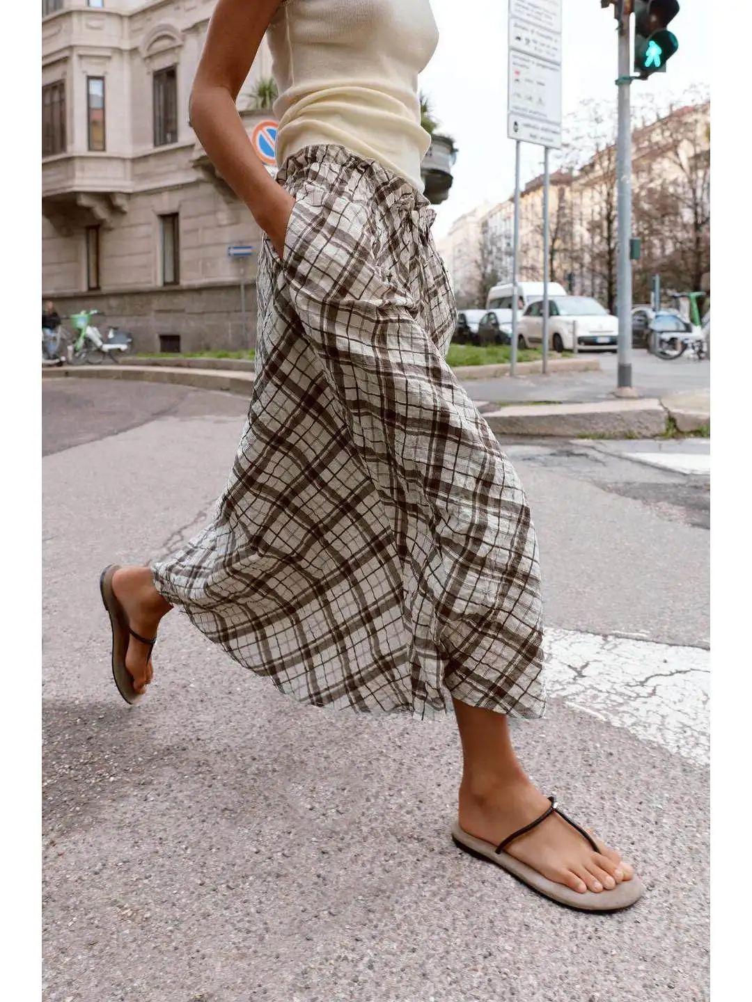 Adjustable Waist Midi Skirt with Belt Straps Elastic Waist Plaid Design Women's Citywalk Straight Cut Loose Fit Spring Season