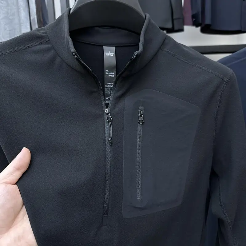 

Men's Outdoor Sports Sweatirt Thiened Double-sided Fce Long Sve T-irt f Zipper Stand Collar Trendy Clothing