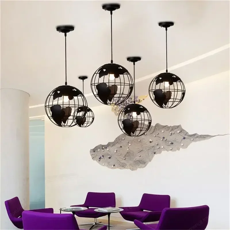 

Black Creative Loft Continental Single Retro Globe Vhandelier Modern Metallic Lounge Café Casual Ceiling Lamp