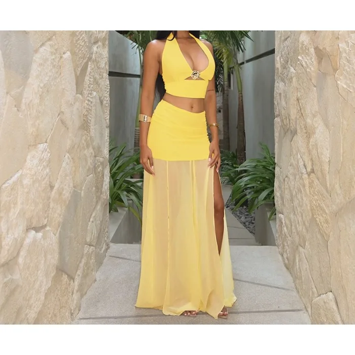 

Half Skirt Two Piece Set for Women Streetwear Summer 2025 New Hanging Neck Hollow Sleeveless Top Splicing and Long Skirt Suit