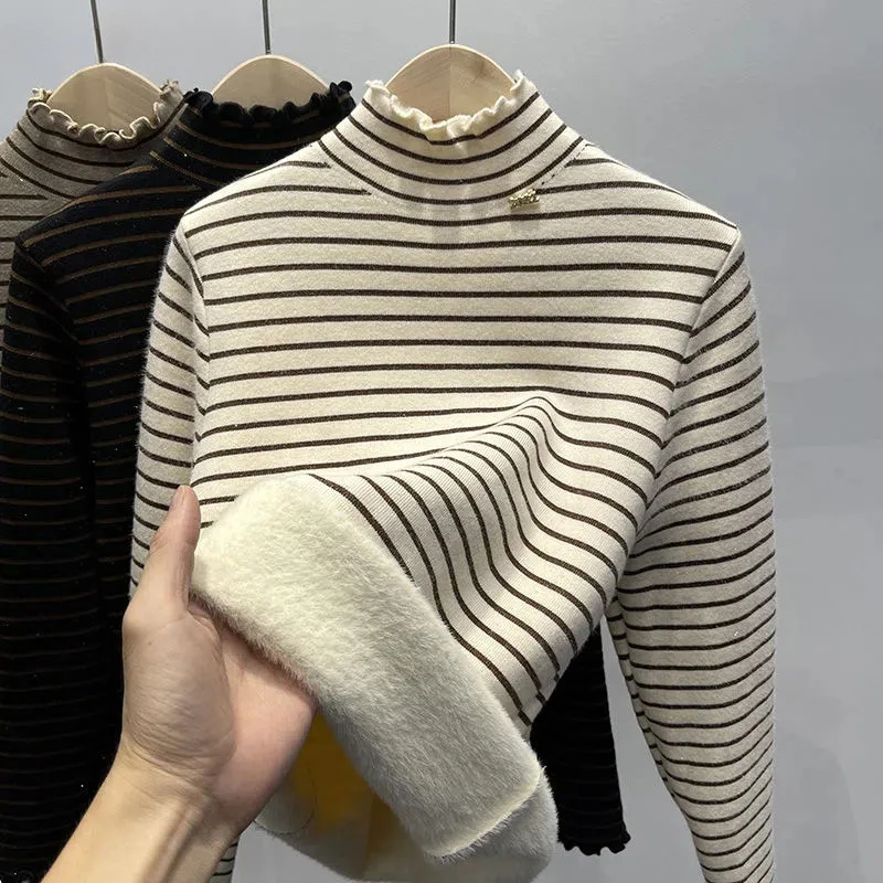 

Winter Thicken Striped Plus Velvet Turtleneck Sweater Women's Slim Warm Knit Pullover Fleece Lined Bottoming Jumper Tops F354