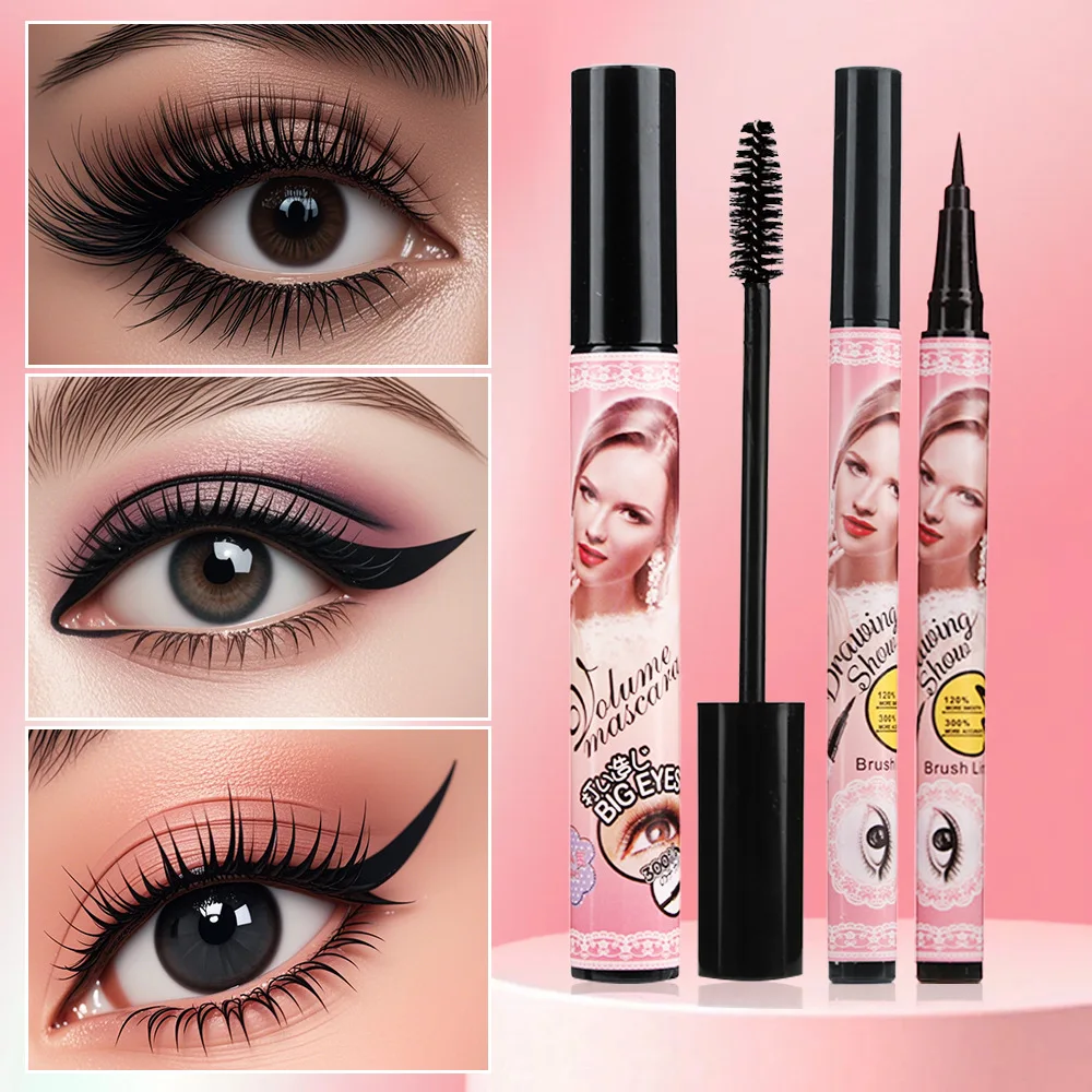 Black Waterproof Mascara and Eyeliner Thick Long Curly Silicone Brush Head Is Three-dimensional Natural Make Up Products Eyelash