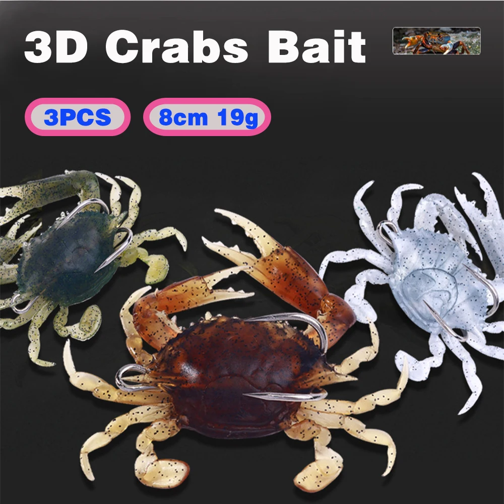 

Набор из 3 мягких приманок 3D «Краб» для морской рыбалки, 8 см, 19 г, с крючком, имитация краба, для ловли басса, морского окуня, трески.
