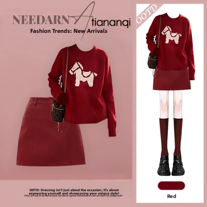

Winter New Year Women's Sweet Red Cartoon Knitted Sweater Skirt Set Celebration Aosphere Feeling Two-Piece Faion Ensemble