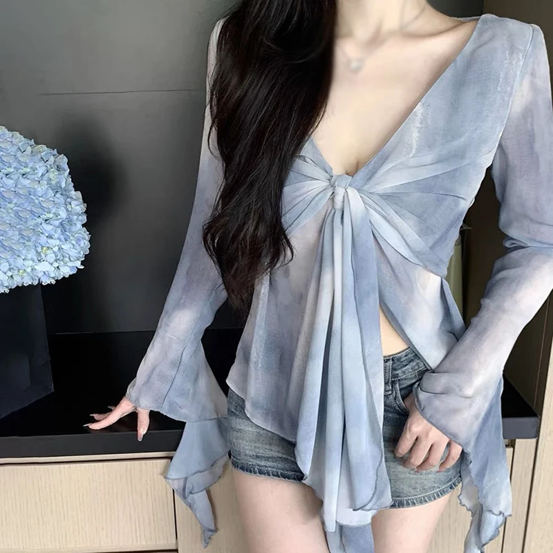 Sexy V-neck Chiffon Shirt Women\'s Summer Design Sense Gradient Tie Dyed Ruffle Flare Sleeve Top Purple One Size