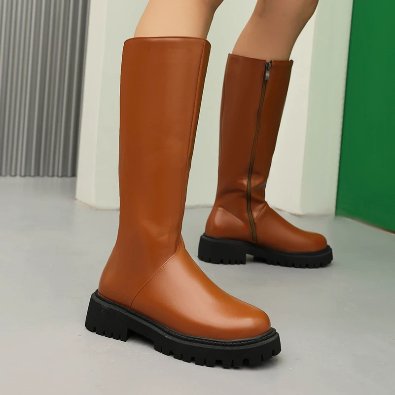 Plus Size Women Knee High Long Boots Side Zipper Platform Thick Sole Suede & PU Leather Round Toe Casual Riding Tall Boots