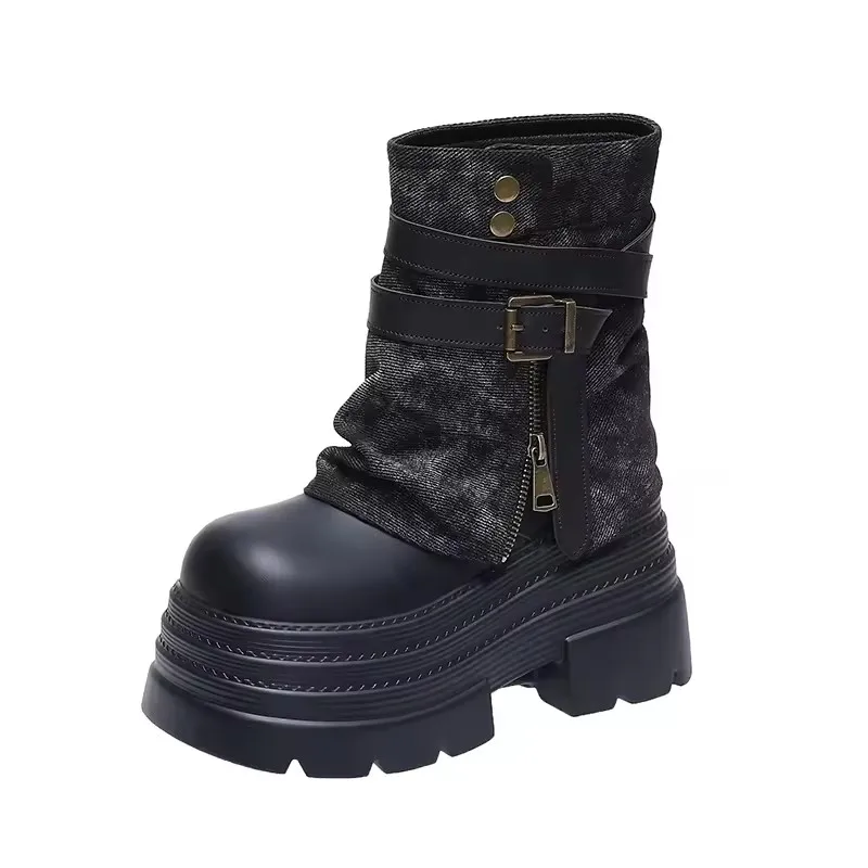 

Осенние массивные короткие ботинки 10 см, женские модные зимние кожаные кроссовки до середины икры на высоком каблуке, модные мотоциклетные ботинки с пряжкой на ремне 2023 г.