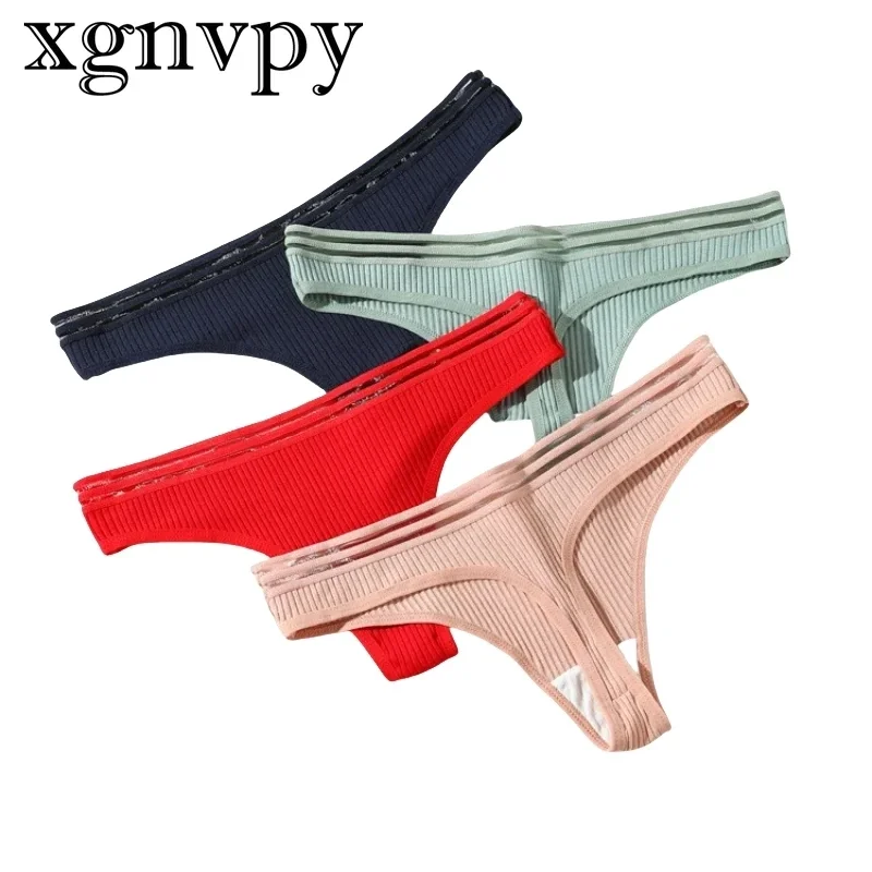 Xgnvpy Women's Underwear Mid-waist Thong Women's Elastic Solid Color Breathable Stripes Simple Girl Sweet Hollow Summer New