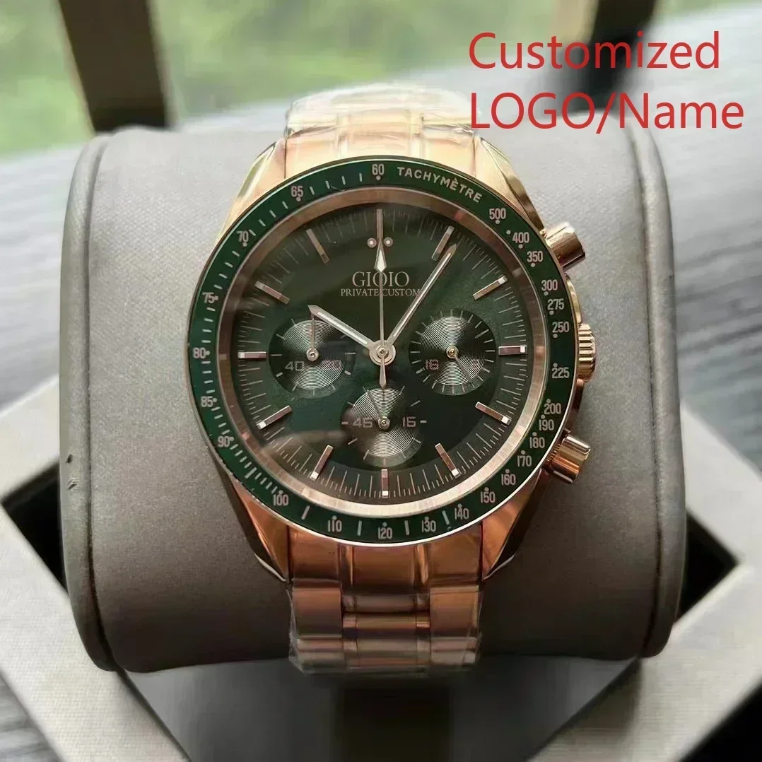 

A11 Store Customized Watch Rose Gold Green Sport Men Quartz Chronograph Movement Watch Stainless Steel Leather