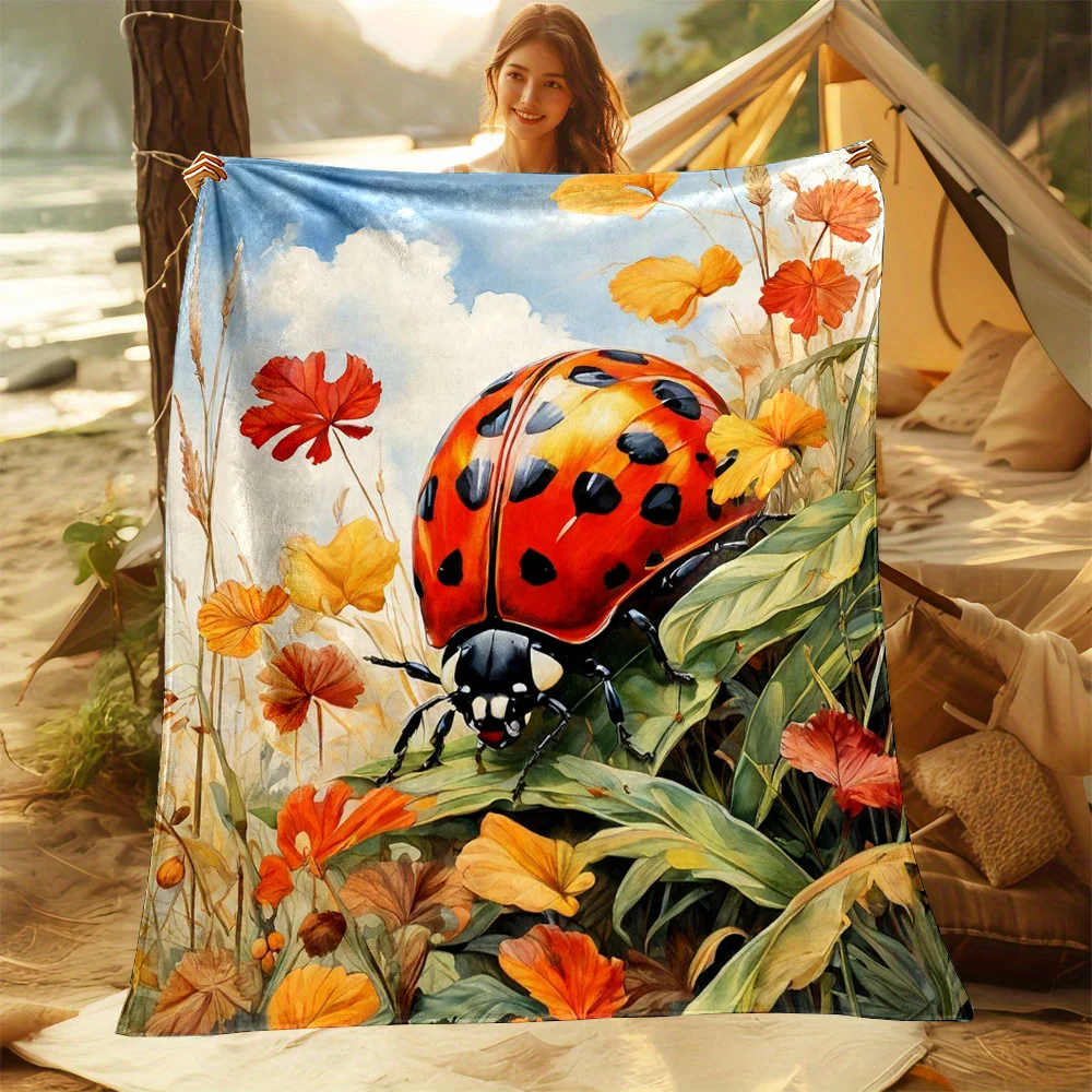 

Ladybug Print Flannel Throw Blanket Polyester Non-Woven Fabric, Digital Print, No Shedding, Soft and High-Quality All-Sea