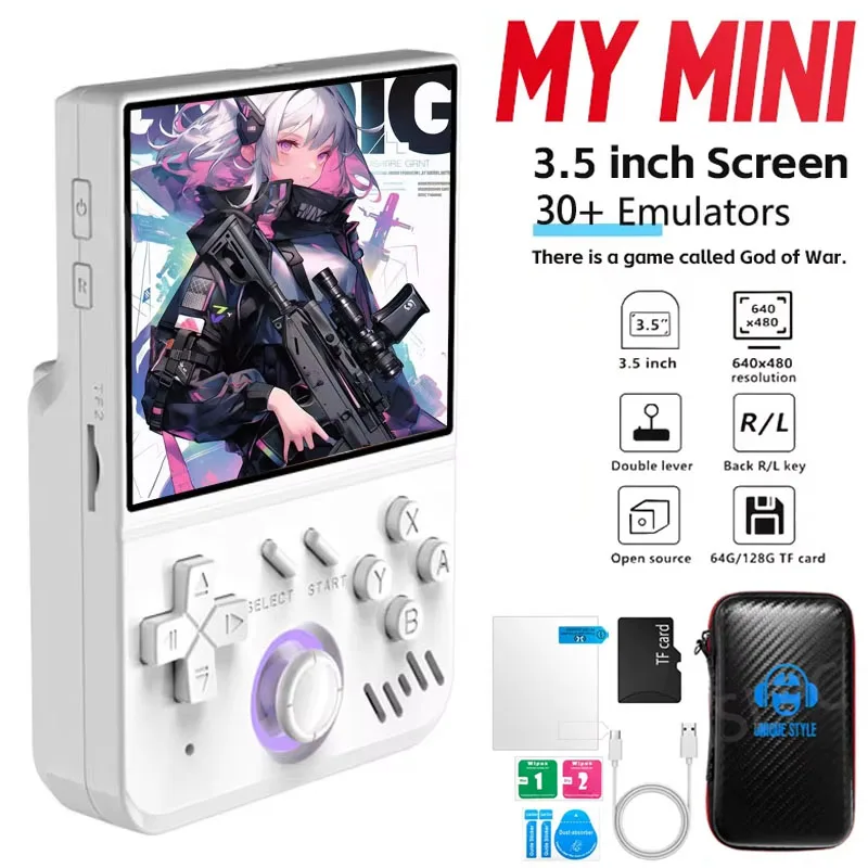 

Портативная игровая консоль AISLPC MY MINI в стиле ретро, 3,5-дюймовый IPS-экран, система Linux, 64 ГБ/128 ГБ, 18000 + игра, портативный карманный видеоплеер, подарки