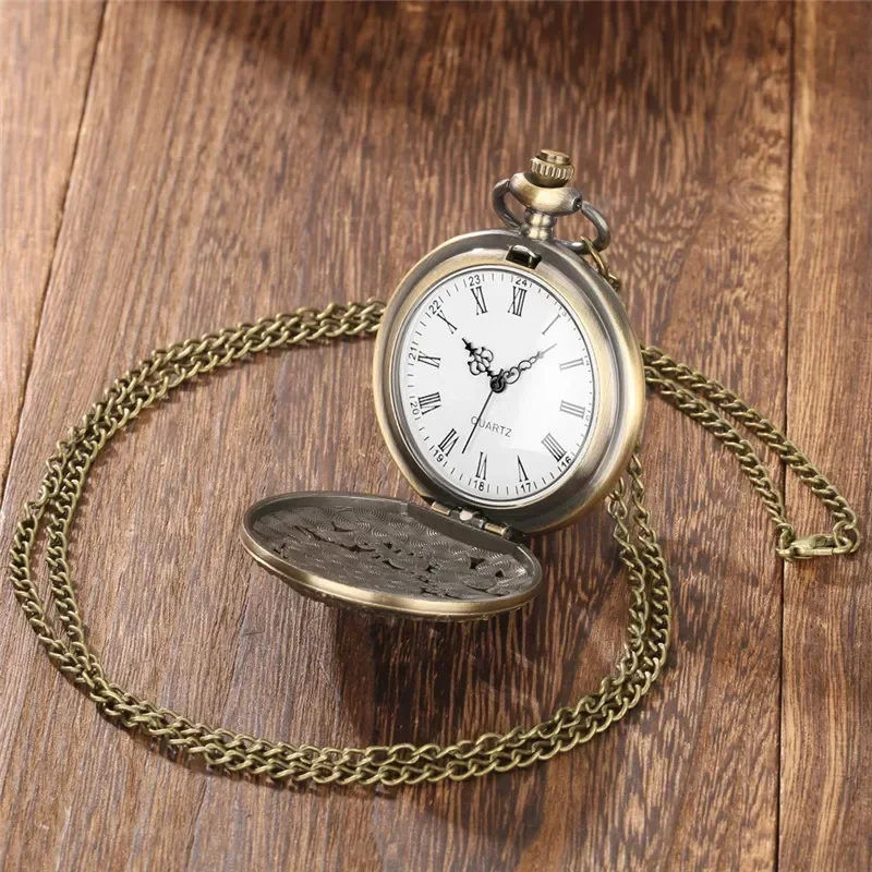 Antique Hollow Out Dragon Cover Roman Number Bronze Quartz Pocket Watch for Men Women Necklace Pendant Chain Gift Reloj