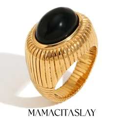 MamacitaSlay 18K Gold Plated Vintage Oval Black Agate Stripes Rings Stainless Steel Ring Woman Jewelry Women Finger Decoration
