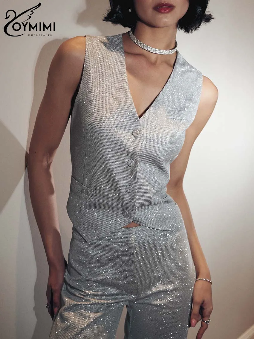 Oymimi Elegant Silver Glitter Two Pice Set Of Women Fashion V-Neck Sleeveless Button Tank Tops And Straight Trousers Female Sets