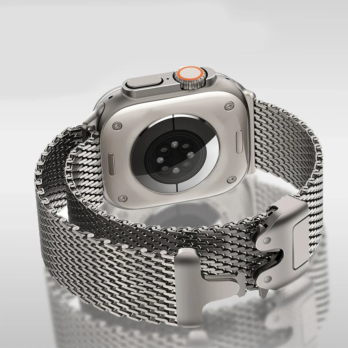 حلقة ميلانيزية من التيتانيوم لساعة أبل الترا 2 Series 10 9 8 7 حزام شبكي أسود طبيعي لإبزيم المظلة iWatch