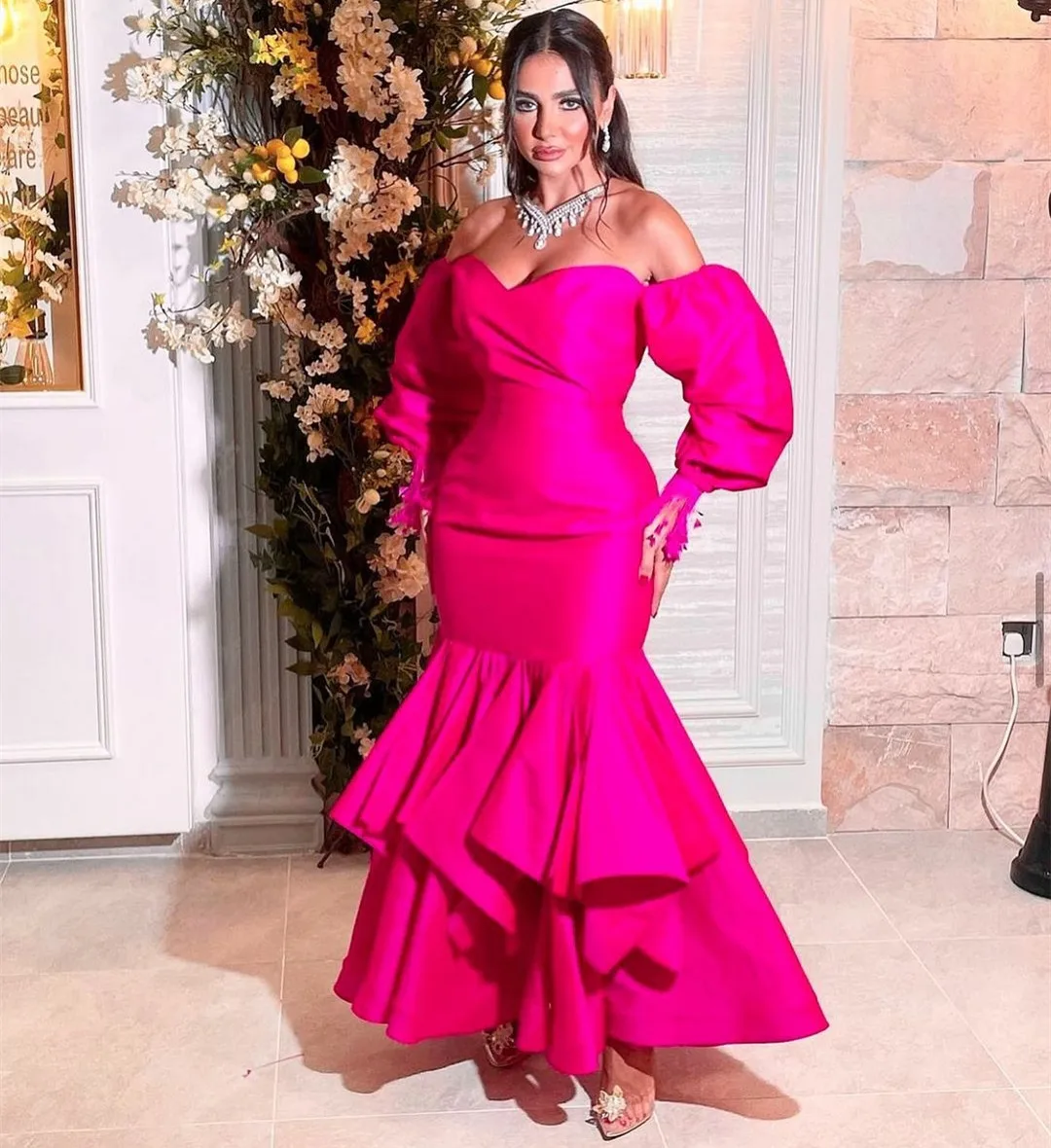 Vestidos de Noche musulmanes de tafetán fucsia personalizados con plumas sirena escote en forma de corazón hasta el tobillo vestido de fiesta con volantes para mujer