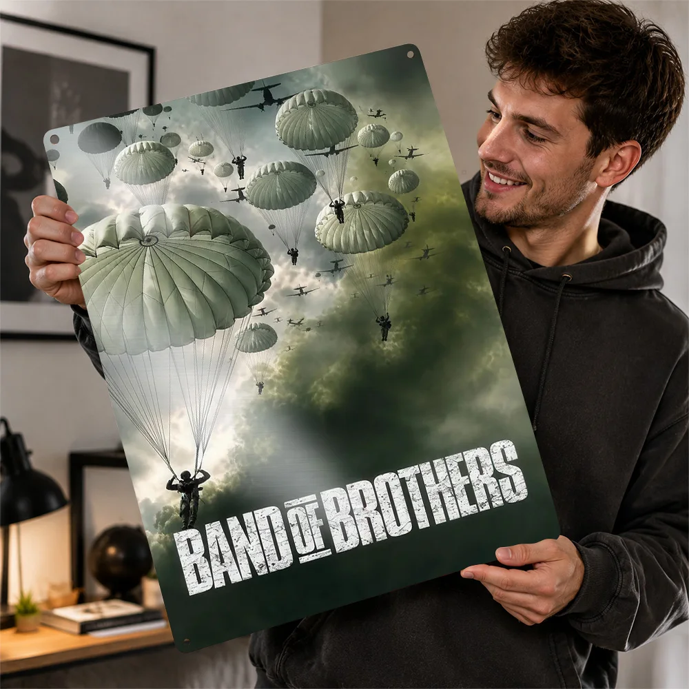 Band Of Brothers Airborne Descent Textured Poster Customized Metal Tin Sign Armored Battle Tribute Wall Art History Room Decor