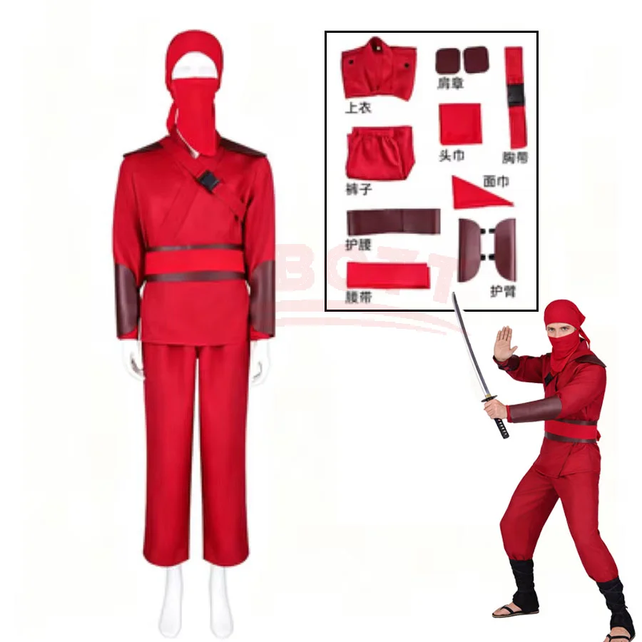 Disfraz de Ninja Rojo para Hombre, Camisa de Manga Larga, Pantalones, Pañuelo para la Cabeza, Cinturón, Traje para Halloween y Carnaval