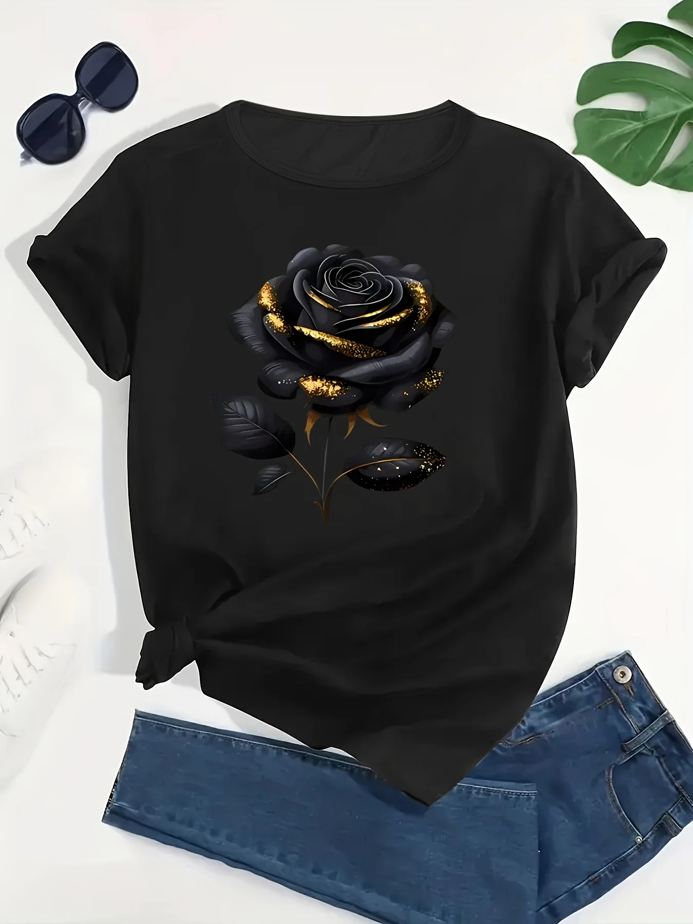 Women's Plus Size Oversized Black T-Shirt with Elegant Rose Print Fashion Harajuku Kawaii T-shirt Women's Y2K Clothing view 6