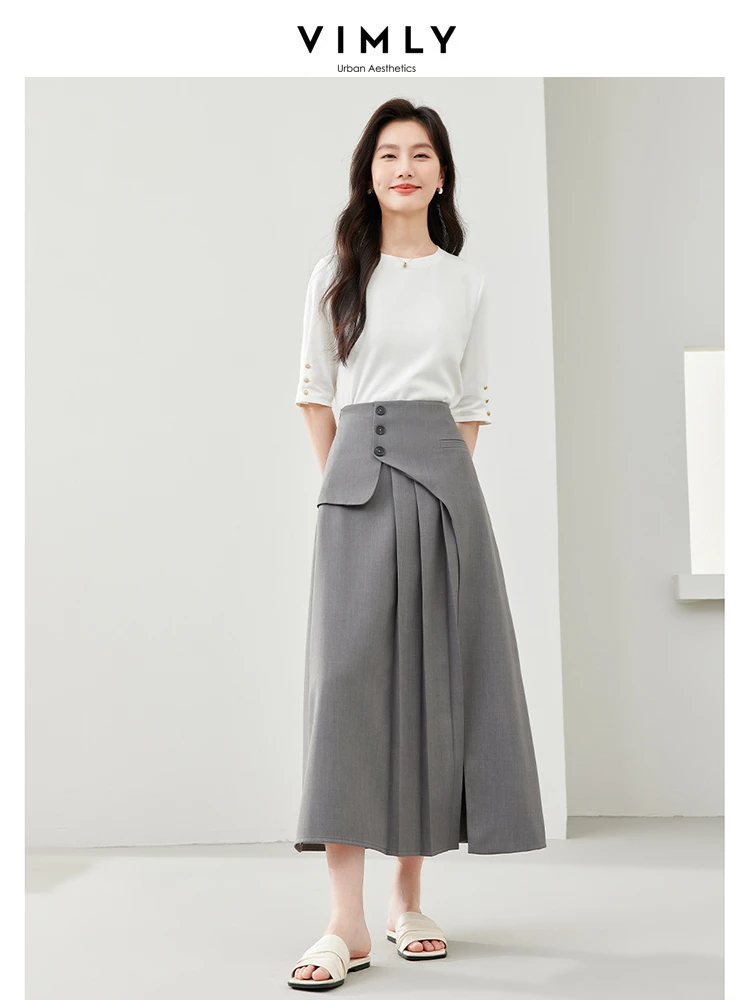 Vimly Grey Casual Simple A-line Umbrella Skirt 2024 Spring Elegant Solid Midi Skirts for Office Ladies Women\'s Clothing M5382