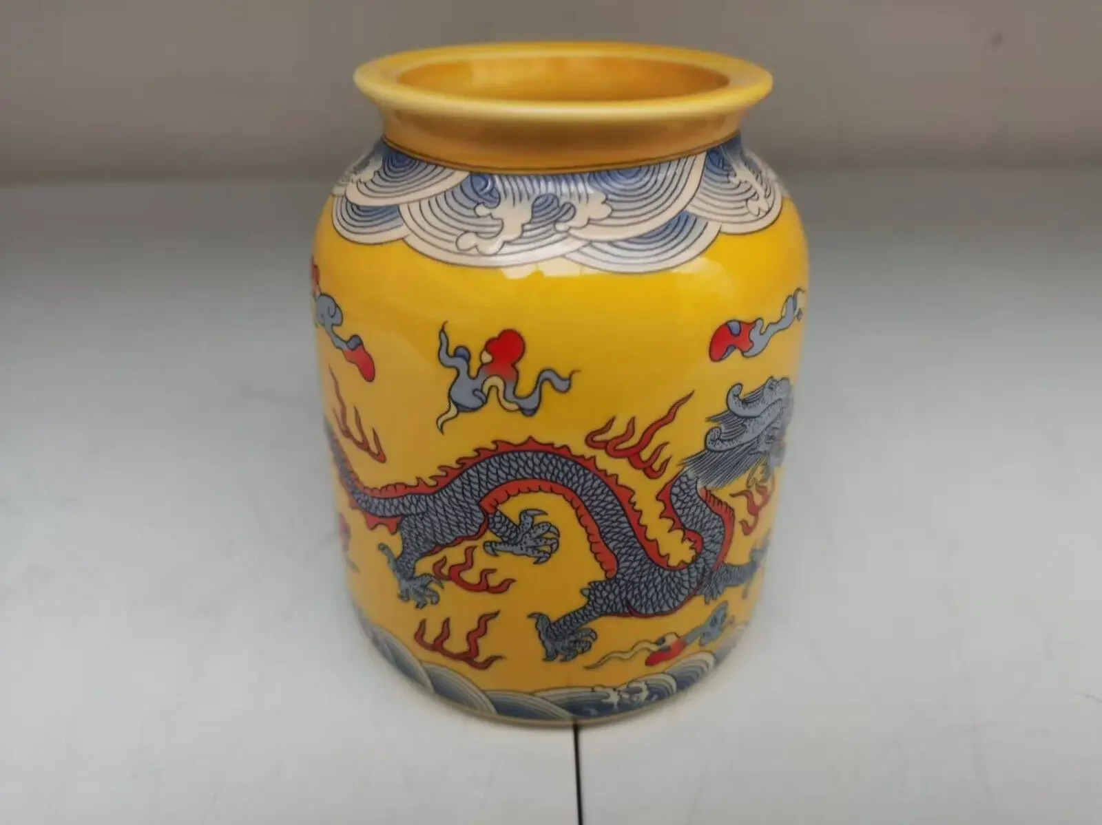 Old porcelain Vase FOLK ART Collection,Chinese yellow enamel colored dual dragon pattern