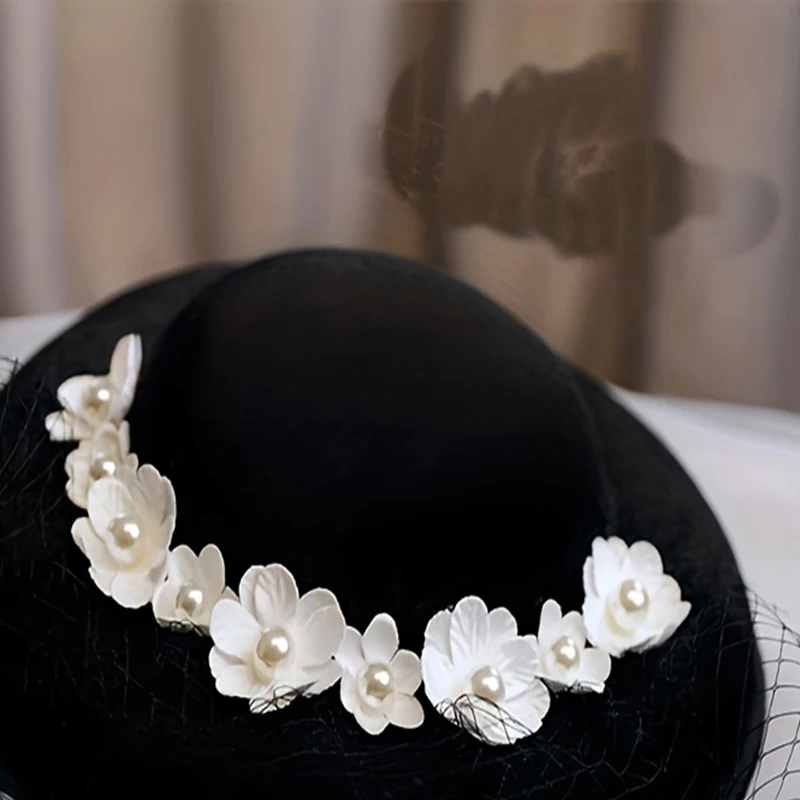 Hepburn-Chapeau à fleurs en voile français noir, vêtements de sauna pour patients, accessoires de studio, chapeau habillé