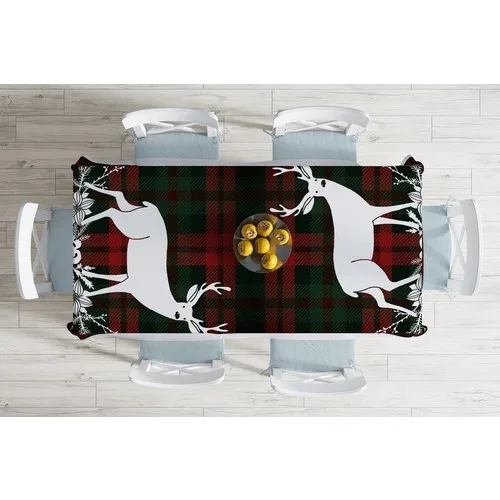 RealHomes Plaid Ground Christmas Deer Themed Digital Printed Stain-resistant Table Cloth 140x180 cm