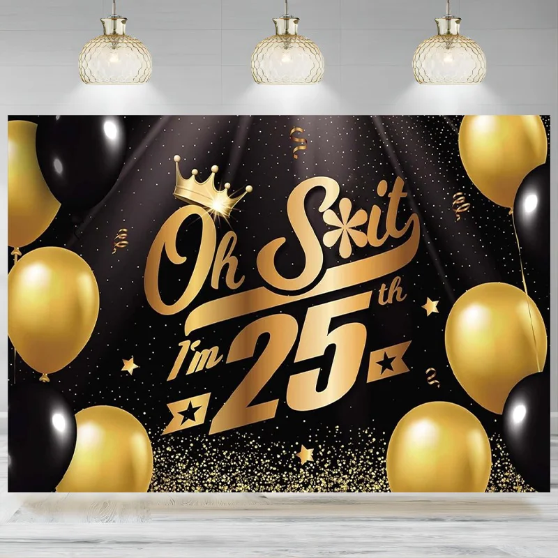 Happy 25th Banner Backdrop Black Gold Balloons Crown Confetti Cheers Theme Decorations  Anniversary Photographic Background