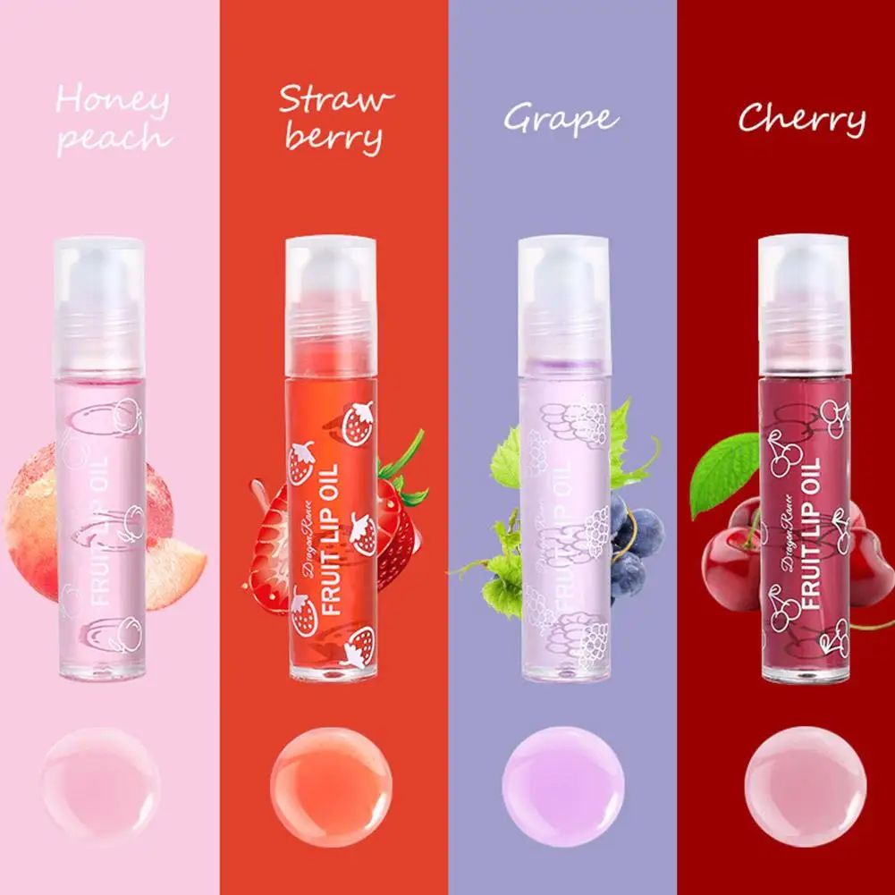 4Pcs Peach Strawberry Fruit Roll-on Lip Balm Set Makeup Moisturizing Clear Grape Transparent Lip Oil Hydrating Lip Gloss