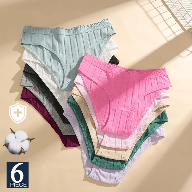 FINETOO 6er-Set Damen Gerippte Baumwollunterwäsche Weiche Atmungsaktive Mittelhohe Slips Dehnbare Komfort-Panties Verfügbar in S-XXL