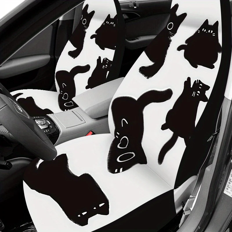 1 Set Cute Cat Pattern Car Seat Cover Universal All-Year, 2pcs/5pcs High-Back Cartoon Cat Car Seat Covers Full Set, Universal Fi