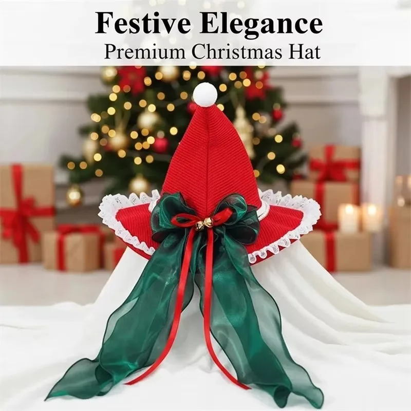 Lovely Red Brim Knitted Lolita Christmas Santa Witch Hat With Green Bow Bell For Christmas Party Home Decor Holiday Gift